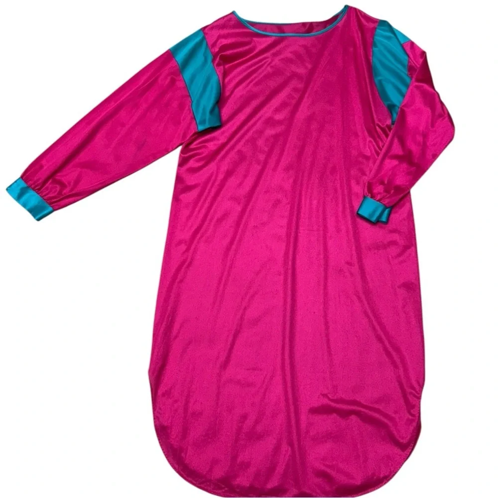 Vintage 80s Nylon Nightgown Robe Set Pink Teal Lounge Set Long Sleepwear